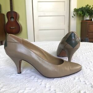 VTG Perry Ellis Portfolio Leather Heels Taupe Green Diamond 80s Italy 8 B Career